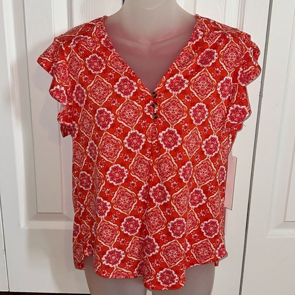 Above and Beyond Boho Short Sleeve Medallion Top Blouse Shirt Small S NWT